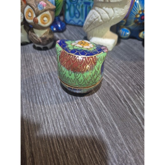 1970's Vintage Owl Trinket Jewelry Ring Box Brass Cloisonne Enamel 2" Tall (C) - Picture 4 of 7